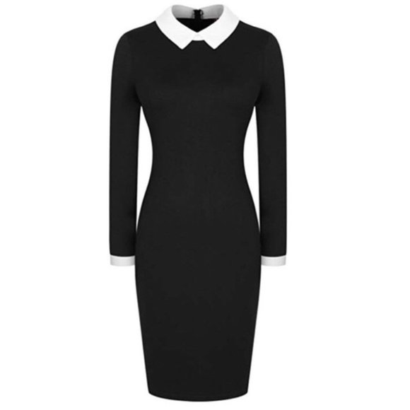 White Collared Black Long Sleeve Pencil Dress Sz Small New - Picture 4 of 7
